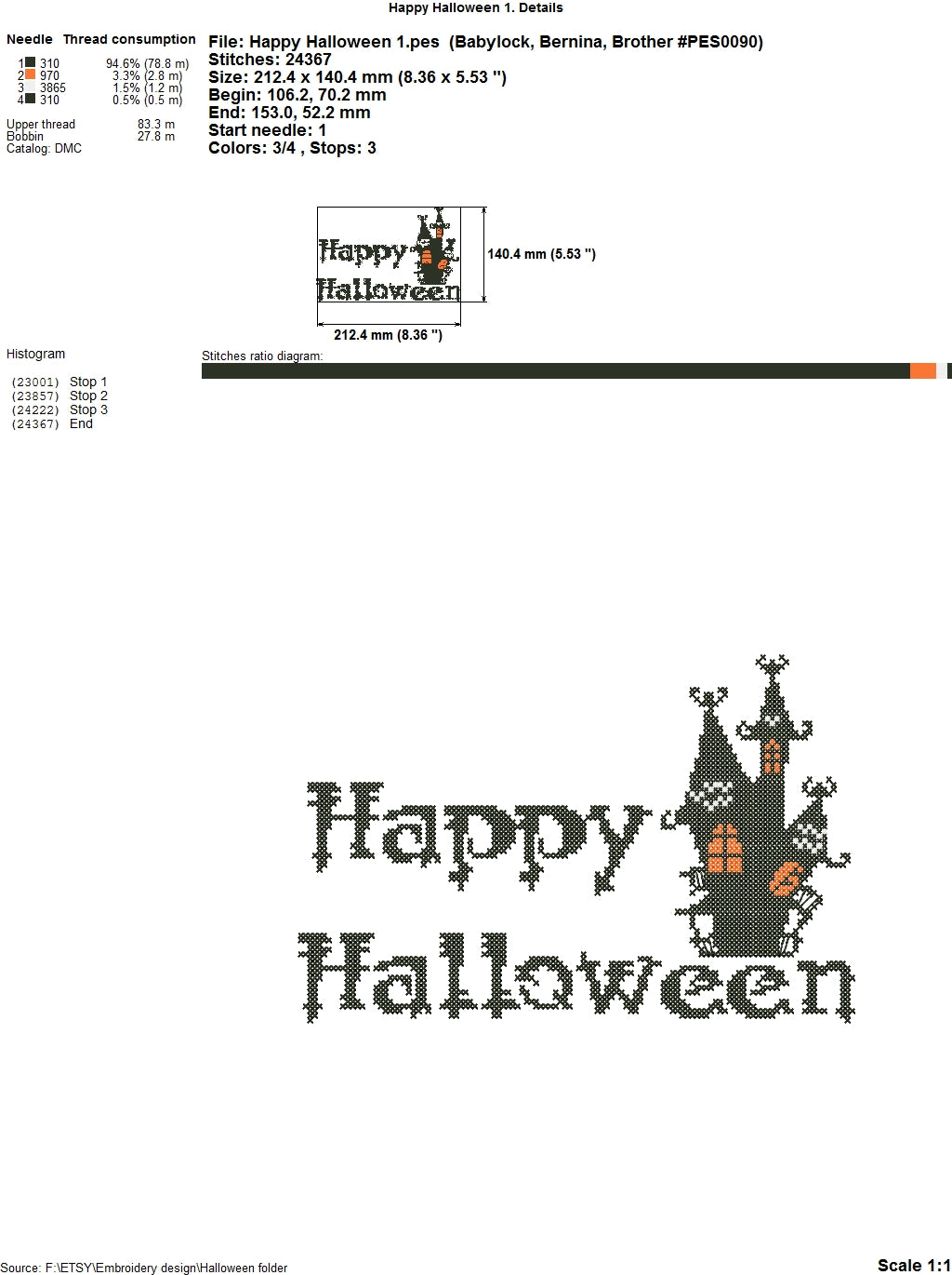 Halloween cross stitch pattern. Machine Embroidery design and PDF pattern for hand-made embroidery
