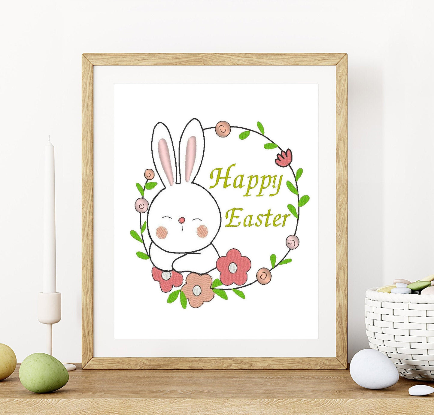 Bunny in flower wreath.Machine embroidery design. 4x4: 7x5; 8x8 hoop size