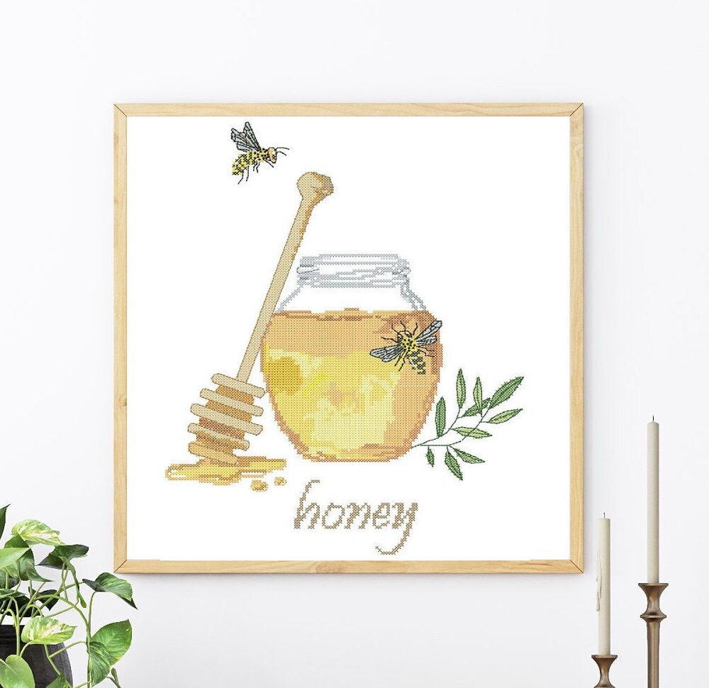 Bee honey jar. Cross stitch PDF pattern for hand embroidery