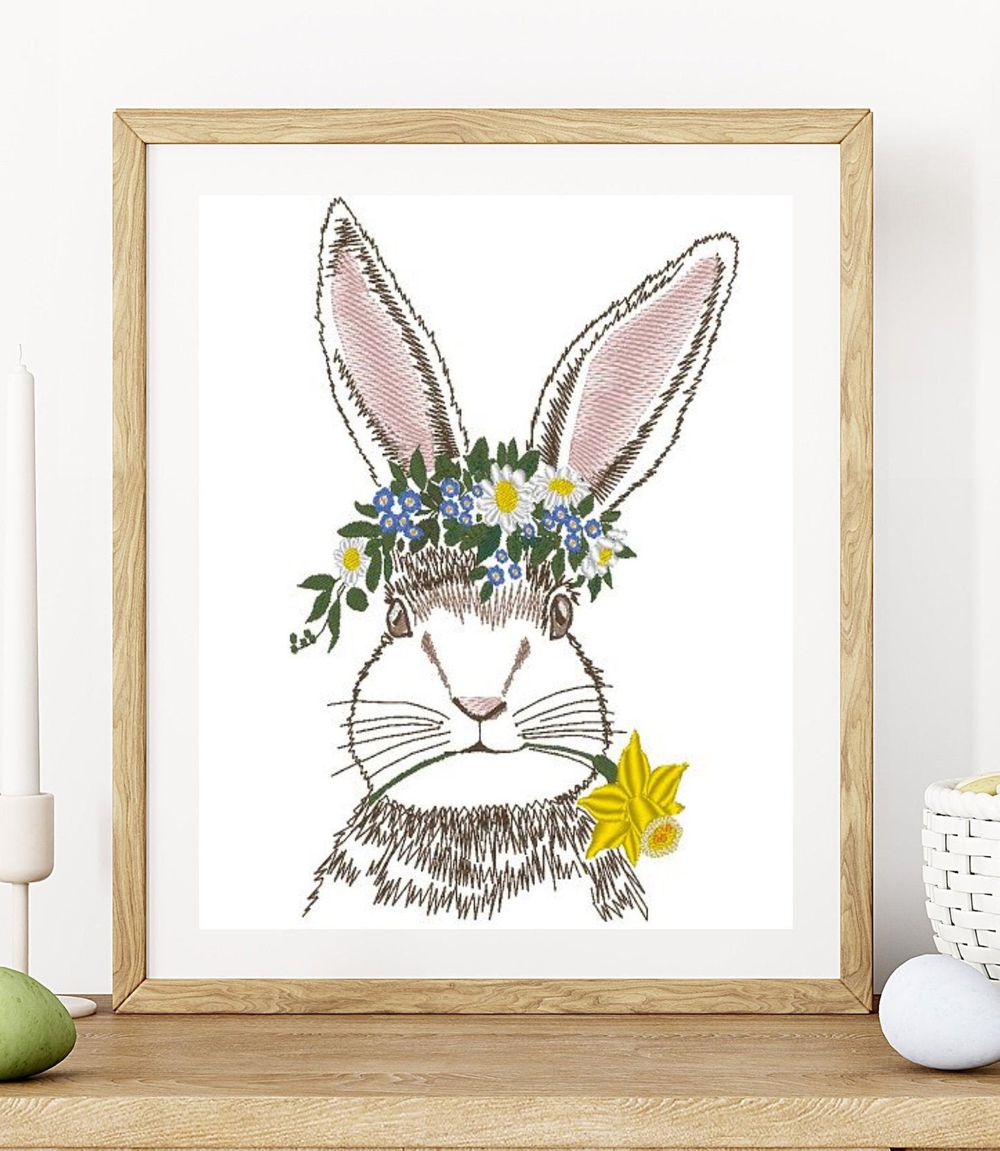 Bunny with daffodil. Spring rabbit. Machine embroidery design. 7x5; 8x8 hoop size