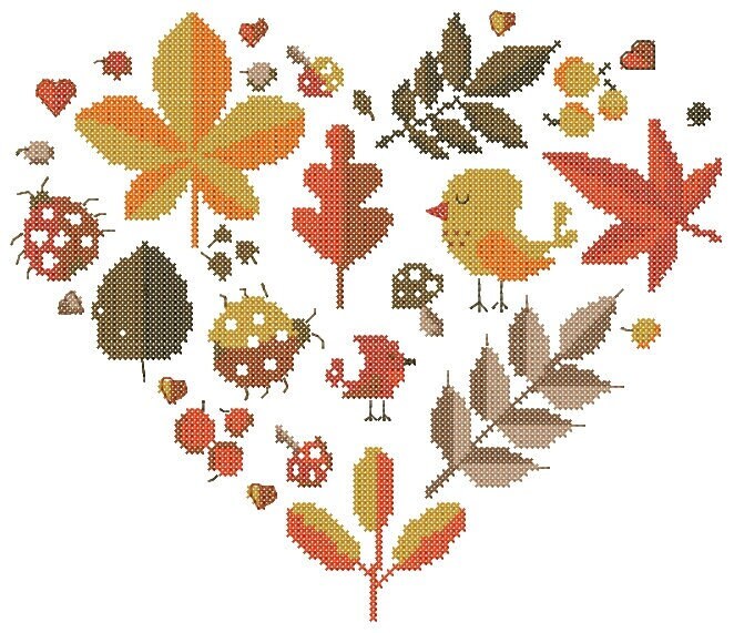Autumn heart cross stitch pattern. Machine Embroidery design and PDF pattern for hand-made embroidery