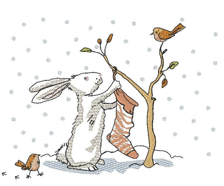 Winter scene. Christmas embroidery. Rabbit with sock. Machine embroidery design.