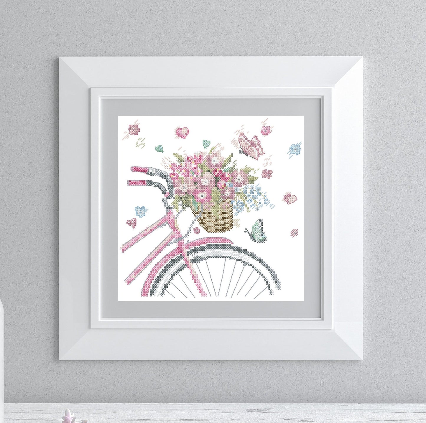 Pink bicycle. Cross stitch PDF pattern for hand embroidery
