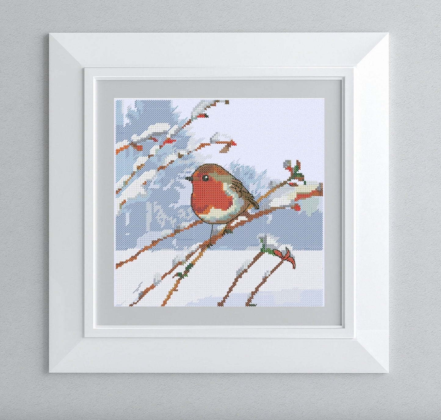 Winter robin. Cross stitch PDF pattern for hand embroidery