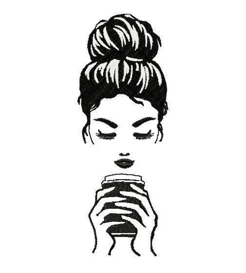 The girl drinking coffee. Machine embroidery design. 4x4; 5x7 hoop size.