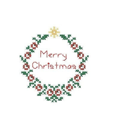Christmas wreath cross stitch ornament. Machine embroidery design and PDF for hande made embroiydery