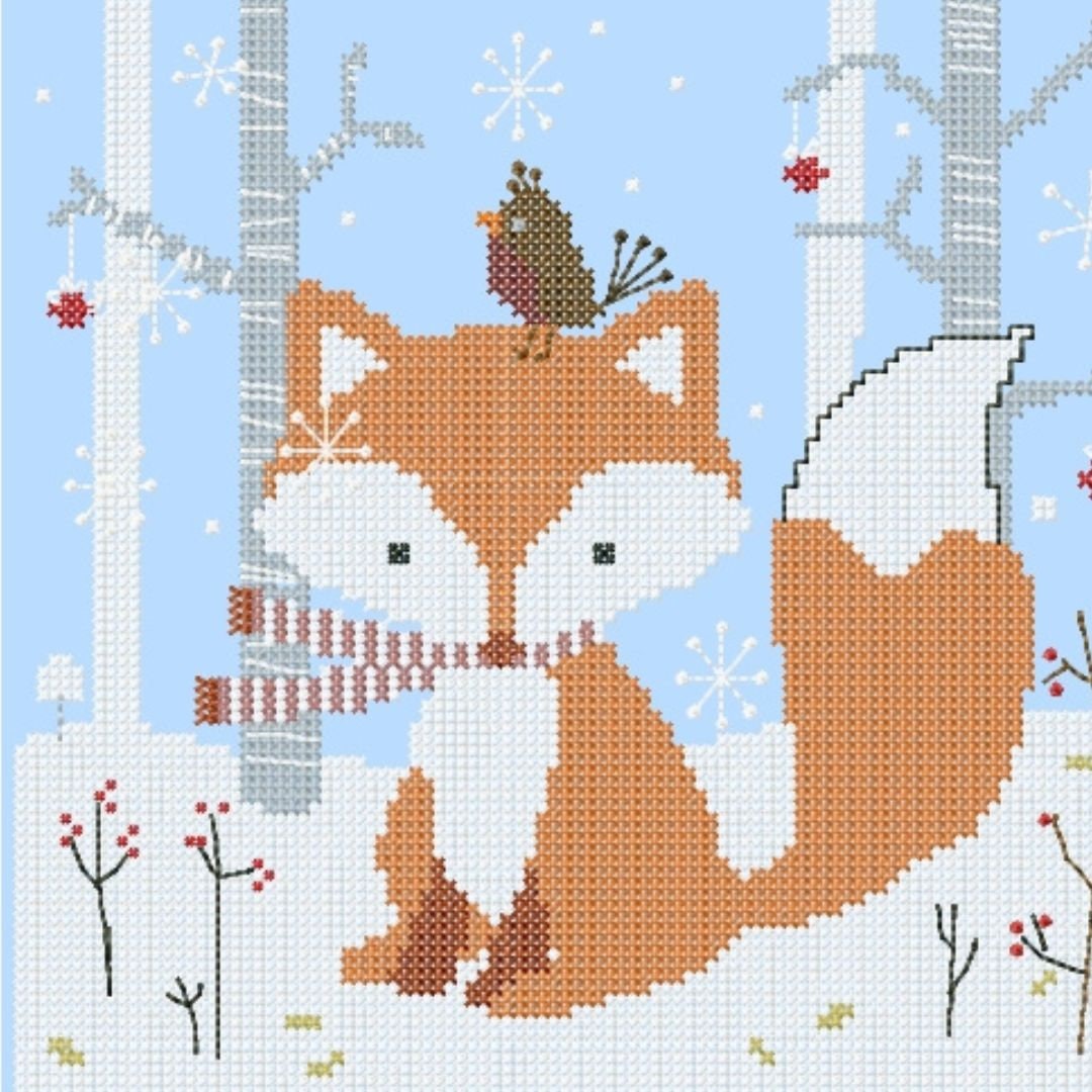 Christmas cross stitch ornament. Winter fox. Machine embroidery design and PDF pattern for hand embroidery