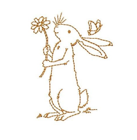 Contour rabbit image in beans stitch. Machine embroidery design. 4x4 inch