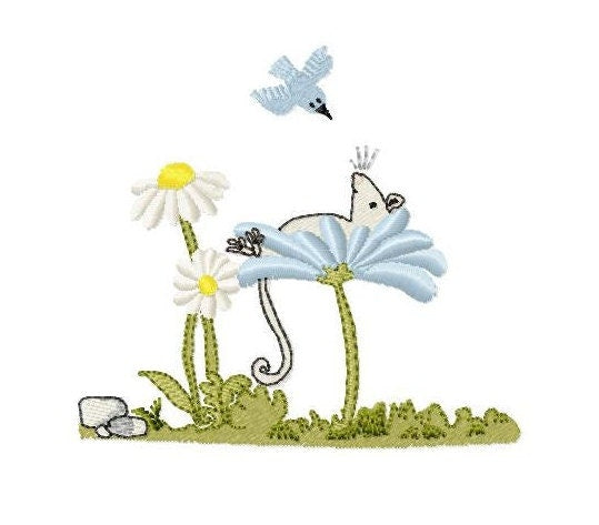 Mice and bird. Machine embroidery design. 4x4 Hoop size