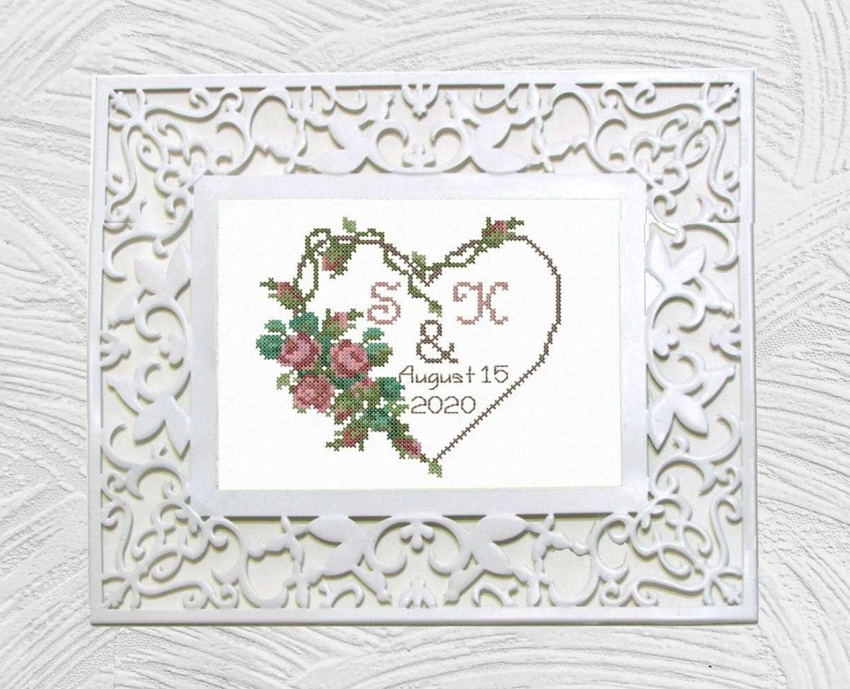 Heart with roses.  Wedding embroidery pattern. Cross stitch wedding sampler. Personalized wedding gift. PDF and machine embroidery