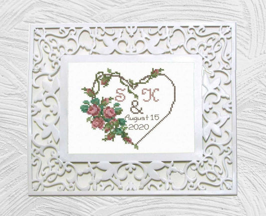 Heart with roses.  Wedding embroidery pattern. Cross stitch wedding sampler. Personalized wedding gift. PDF and machine embroidery