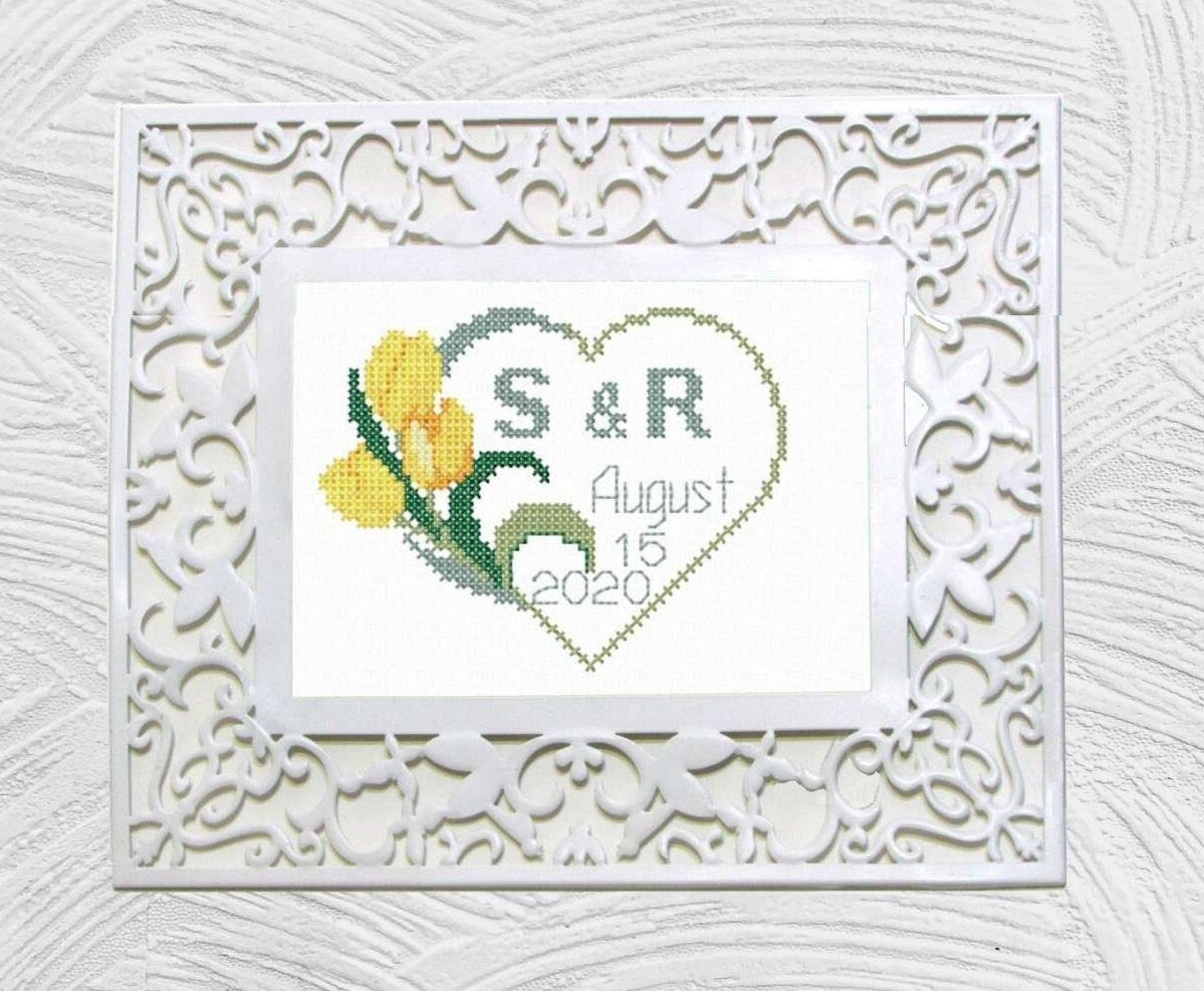 Tulip heart.Wedding embroidery pattern.  Cross stitch wedding sampler. Personalized wedding gift. PDF and machine embroidery.