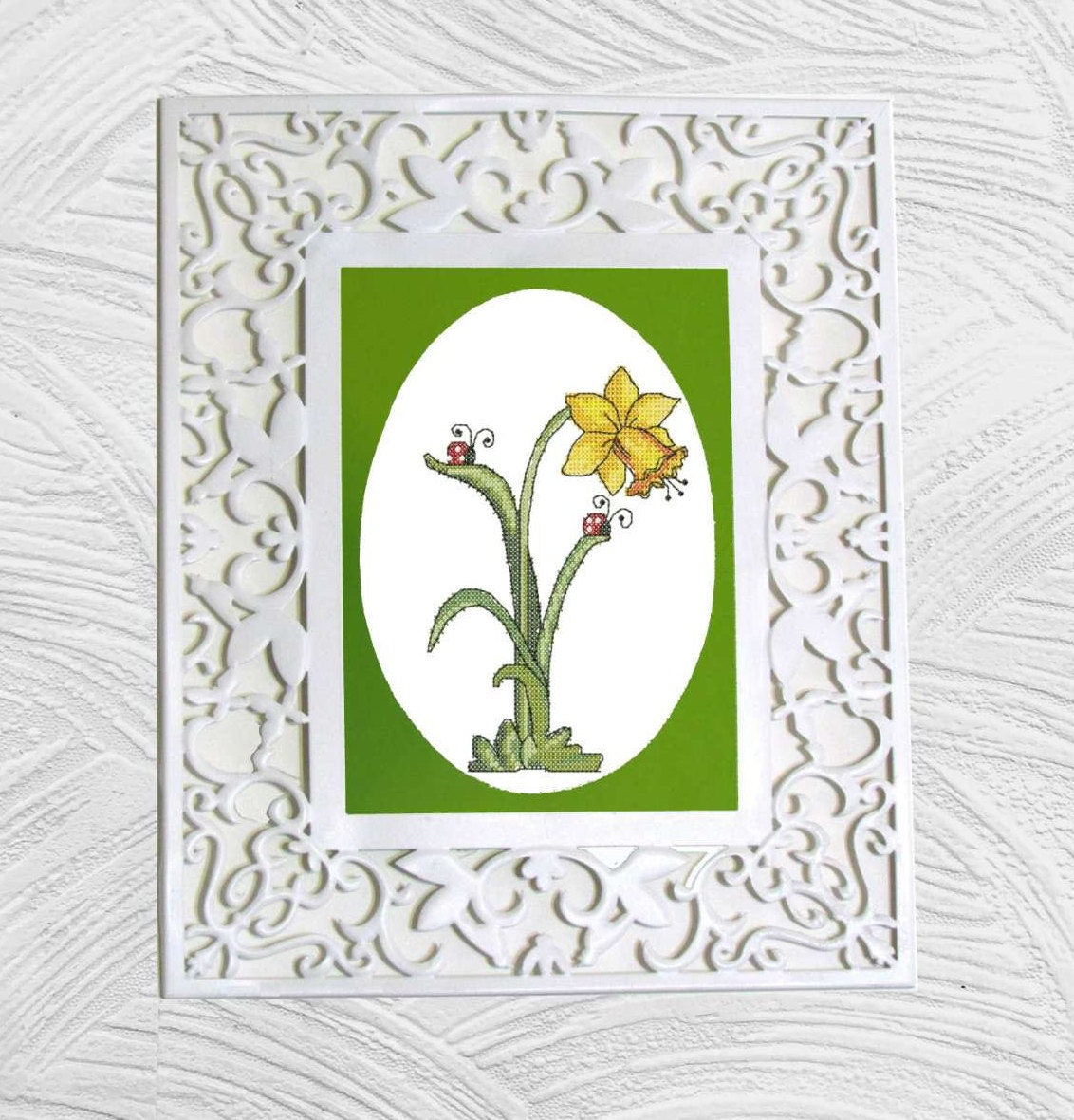 Daffodil with ladybugs.  Machine Embroidery design and PDF pattern for hand-made embroidery