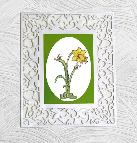 Daffodil with ladybugs.  Machine Embroidery design and PDF pattern for hand-made embroidery