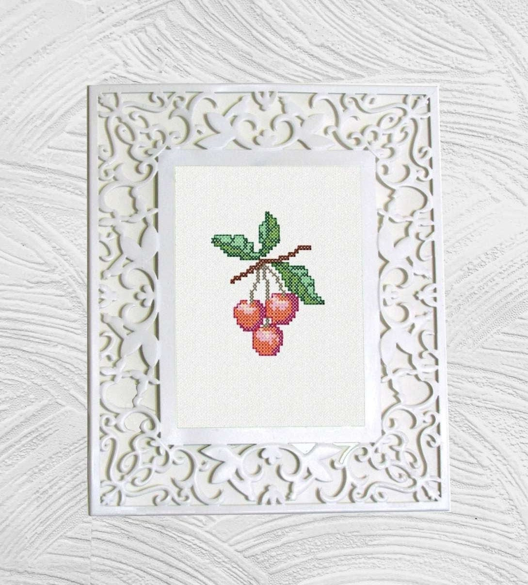 Cross stitch cherries. Machine Embroidery design and PDF pattern for hand-made embroidery
