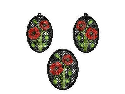 Earrings and brooch.  Machine embroidery design.