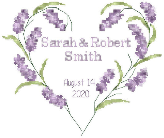 Cross stitch lavender heart  wedding sampler. Personalized wedding sampler. Cross stitch PDF pattern.