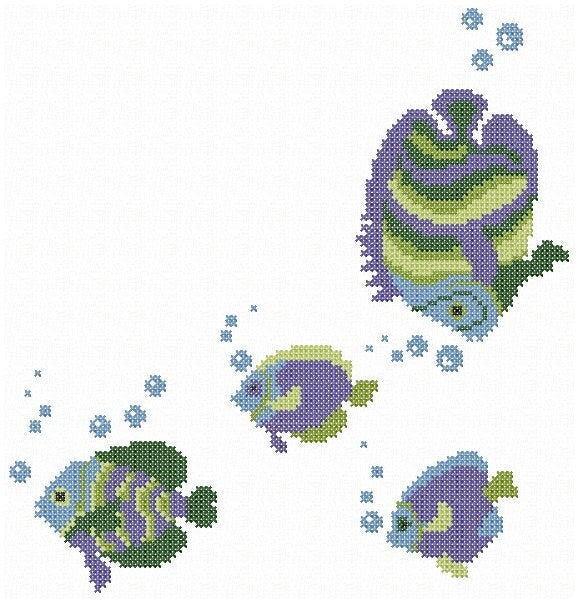 Fish cross stitch. Two patterns, corner and side. Machine embroidery and PDF pattern for hand embroidery.