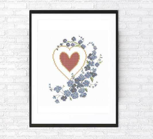 Heart with don't forget me flowers. Machine embroidery and PDF pattern for hand embroidery. 5x7; 7x11 hoop size