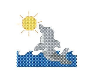 Summer design. Dolphin cross stitch. Machine embroidery and PDF pattern for hand embroidery.