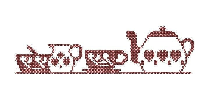Cross stitch Design. Red tea set.  Machine embroidery design and PDF pattern for hand embroidery