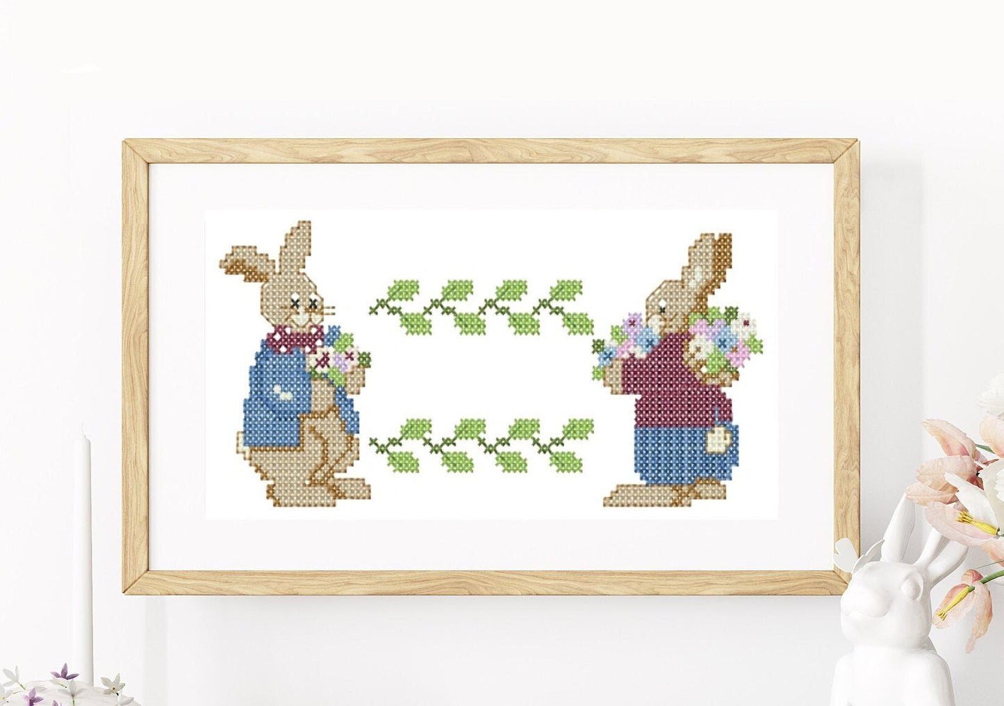 Easter bunnies. Machine Embroidery design and PDF pattern for hand embroidery