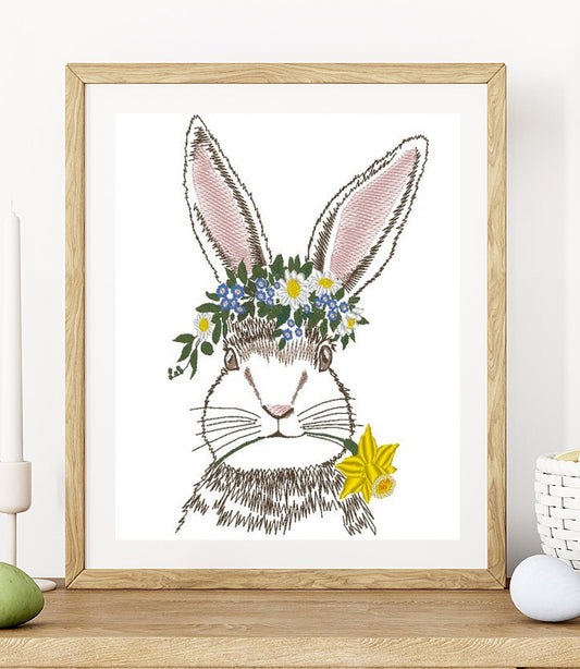 Bunny with daffodil. Spring rabbit.  Machine embroidery design. 7x5; 8x8 hoop size