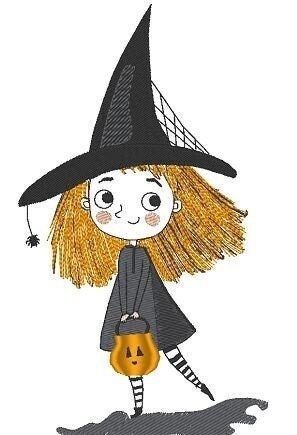 Witch machine embroidery design. Little witch embroidery.  Halloween embroidery. 4x4; 5x7 Hoop size