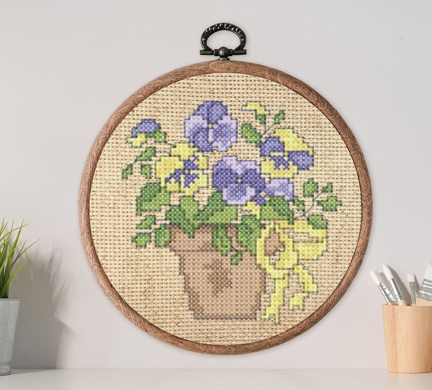 Cross stitch pansies. Machine Embroidery design and PDF pattern for hand-made embroidery