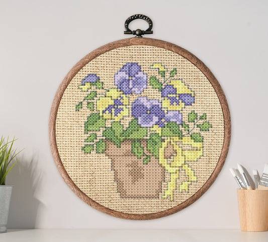 Cross stitch pansies. Machine Embroidery design and PDF pattern for hand-made embroidery