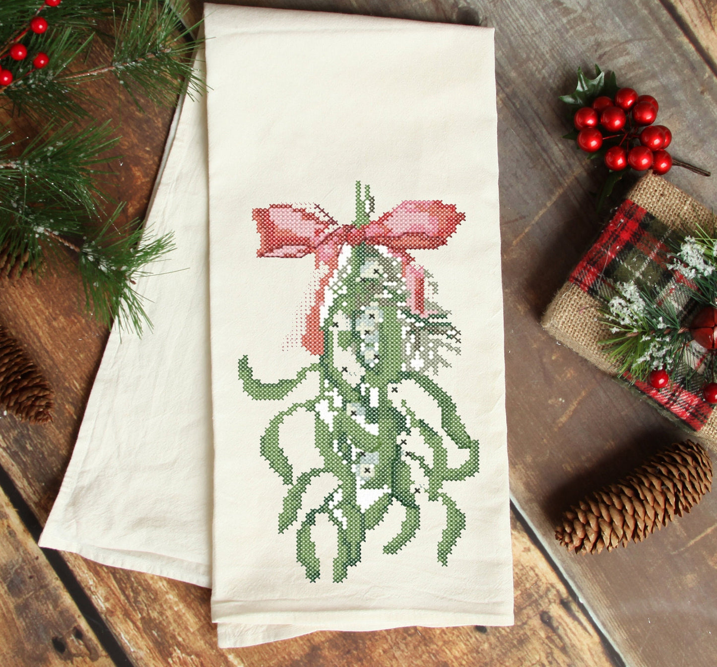 Christmas ornament. Mistletoe cross stitch.  PDF pattern for hand embroidery