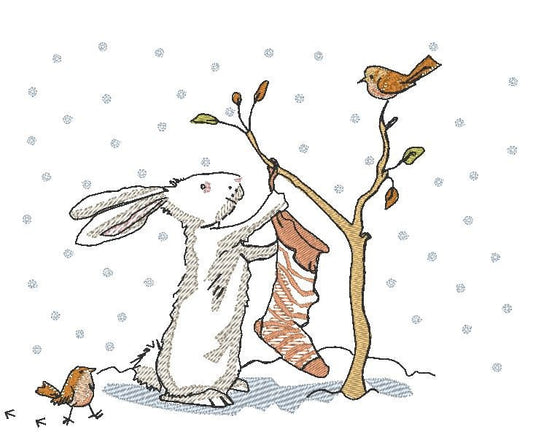 Winter scene. Christmas embroidery.  Rabbit with sock. Machine embroidery design.