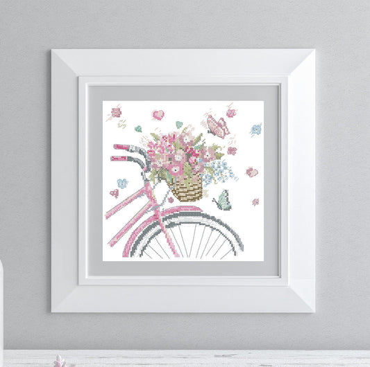 Pink bicycle. Cross stitch PDF pattern for hand embroidery