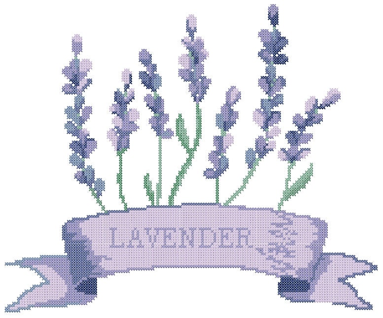 Lavender cross stitch.  PDF pattern for hand embroidery