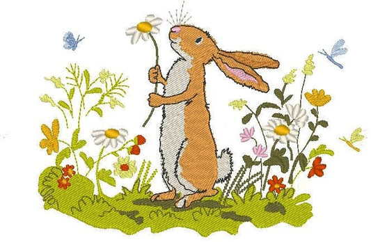 Rabbit with flowers.  Machine embroidery design. 7x5;  5x5; 4x4 hoop size.