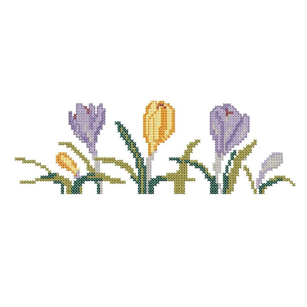 Crocus border cross stitch pattern. Machine embroidery design and PDF for hande made embroiydery