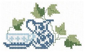 Cross stitch Design. Blue tea set.  Machine embroidery design.