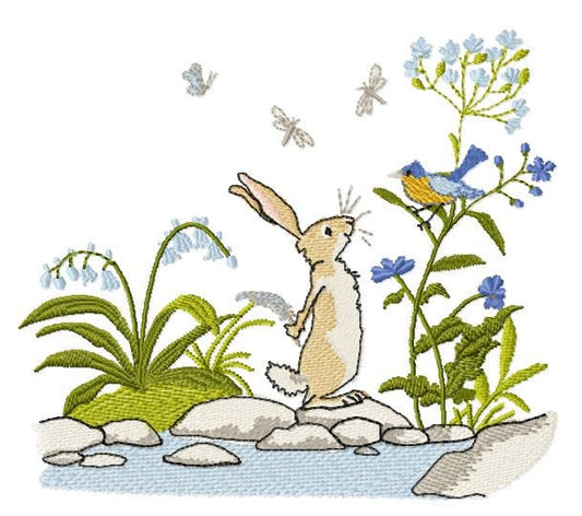 Rabbit and bird.   Machine embroidery design. 7x5 hoop size.