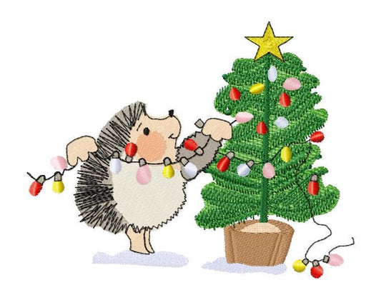Christmas embroidery.  Hedgehog on the Christmas tree. Machine embroidery design.
